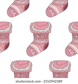 Winter seamless pattern with pink christmas socks, design elements. New Year  pattern for invitations, cards, print, gift wrap, manufacturing, textile, fabric, wallpapers