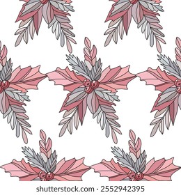 Winter seamless pattern with pink decorations, design elements. New Year  pattern for invitations, cards, print, gift wrap, manufacturing, textile, fabric, wallpapers