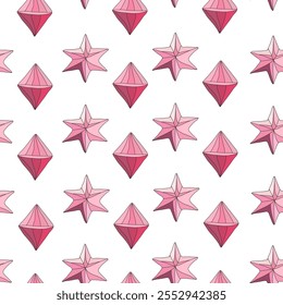 Winter seamless pattern with pink stars and crystals, design elements. New Year  pattern for invitations, cards, print, gift wrap, manufacturing, textile, fabric, wallpapers