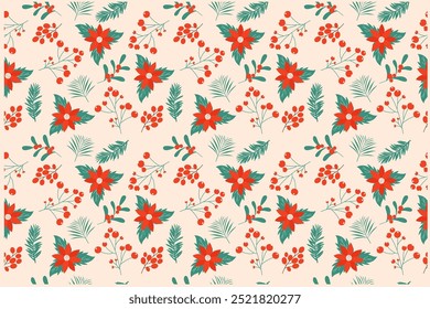 Padrão sem costura de inverno com poinsettia, frutos vermelhos. Projeto de vetor desenhado à mão.