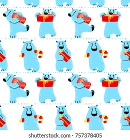 Winter seamless pattern with polar bear. Background with animal with gift boxes. Holiday design for wrapping paper, fabric, textile and other surfaces. Vector illustration