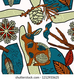 winter seamless pattern, rabbit in snowy forest.