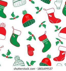 Winter seamless pattern. Red, green and white. Christmas background for wrapping paper, wallpaper, textiles. Vector illustration.