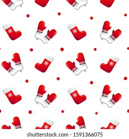 Winter seamless pattern. Red mittens and gift stockings vector background design.