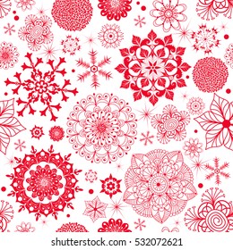 Winter seamless pattern with red monochrome snowflakes and stars, without background, vector