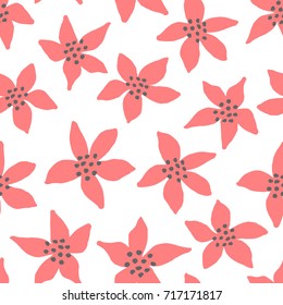 Winter seamless pattern with red poinsettias on white background.