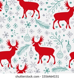 Winter seamless pattern with red reindeers and snowflakes on light background.