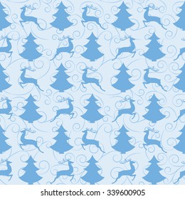 winter seamless pattern with reindeer and fir-tree in blue-grey tones, vector illustration