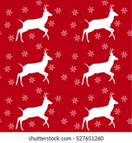 winter seamless pattern with reindeer and snowflakes on red background