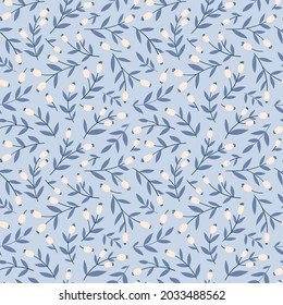 Winter seamless pattern with rose hips, branches and leaves. Vector background in simple hand drawn cartoon style.