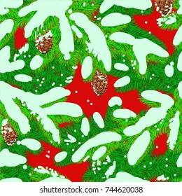 winter seamless pattern with rowan and branches, berries and cones. Vector illustration.  Hand-drawn stylized illustration