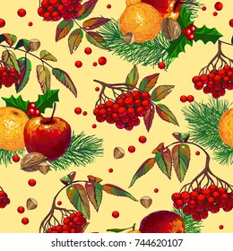 winter seamless pattern with rowan and branches, berries and cones. Vector illustration.  Hand-drawn stylized illustration