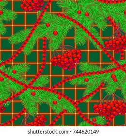 winter seamless pattern with rowan and branches, berries and cones. Vector illustration.  Hand-drawn stylized illustration