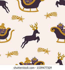 Winter seamless pattern with running rainder and sleigh with gifts, perfect to use on the web or in print