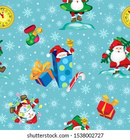 Winter seamless pattern. Santa Claus in festive comic situations. On a blue-green background with snowflakes