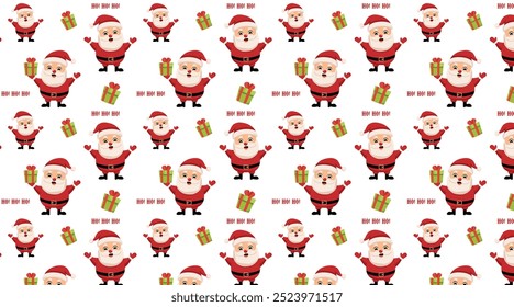 Winter seamless pattern with Santa Claus and gifts. Vector cute flat cartoon Santa Claus in a red vintage costume. Merry Christmas and Happy New Year decoration pattern