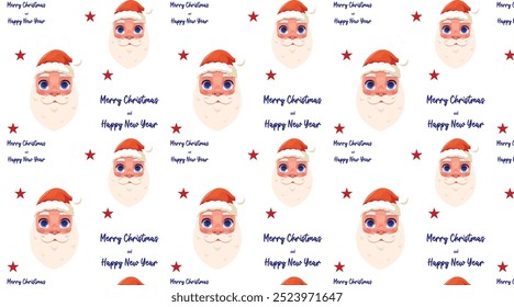 Winter seamless pattern with Santa Claus head and stars white isolated background. Vector cute cartoon Santa Claus in a red vintage costume. Merry Christmas and Happy New Year decoration pattern