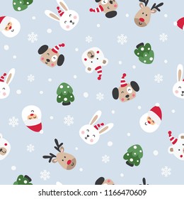 Winter seamless pattern with Santa and cute animals - reindeers, rabbits, bears and pine