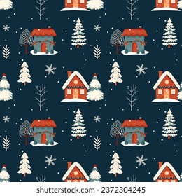 Winter seamless pattern with scandinavian houses. Christmas vector pattern. Winter background design.