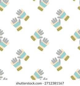 winter seamless pattern with scandinavian knitted gloves on white background, cute design for print, banner, card, fabric, cover, wrapping paper, wallpaper, flat vector illustration