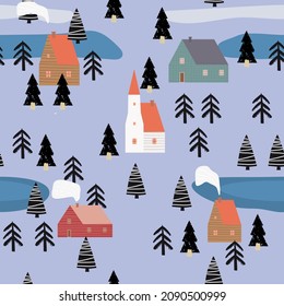 Patrón ininterrumpido de invierno paisaje escandinavo, bosque, pueblo. Estilo de arte folclórico nórdico, Navidad, ambiente acogedor. Ilustración del vector