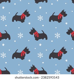 Winter seamless pattern with Scottish terrier. Background for wrapping paper, greeting cards and seasonal designs. Merry Christmas and Happy new year.