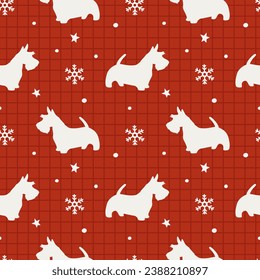 Winter seamless pattern with Scottish terrier on red checkered background. Merry Christmas and Happy new year.