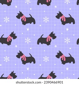 Winter seamless pattern with Scottish terrier on blue checkered background. Merry Christmas and Happy new year.