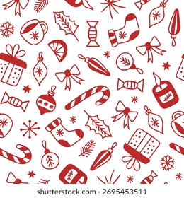 Patrón inconsútil del invierno de Elementos lineales estacionales en un fondo blanco. Colores rojo y blanco. Navidades dibujadas a mano. Ilustración retro de Vector