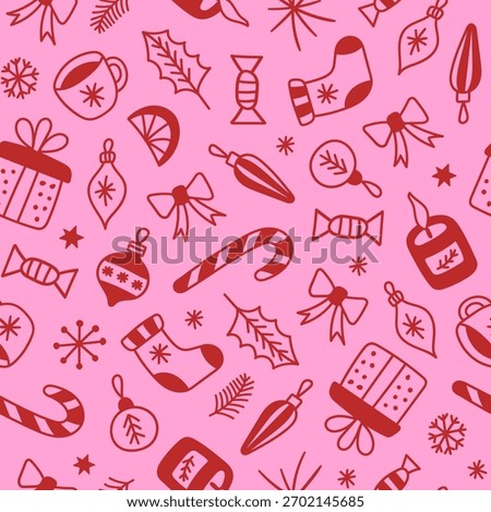 Winter seamless pattern of seasonal linear elements on a pink background. Red and pink colors. Christmas hand drawn print. Vector retro illustration