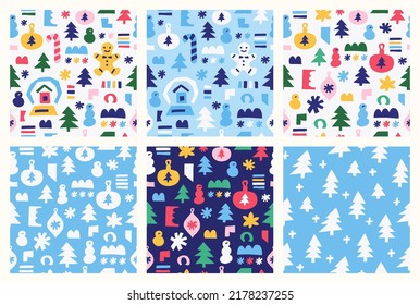 Winter seamless pattern set with christmas tree toy, fir, snowman, snowflake, snowball, gingerbread man. Surface decoration. Cloth design, wallpaper, wrapping. Vector illustration.