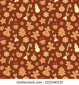 Winter seamless pattern. A set of festive gingerbread cookies for Christmas. Happy new year 2023. Vector illustration