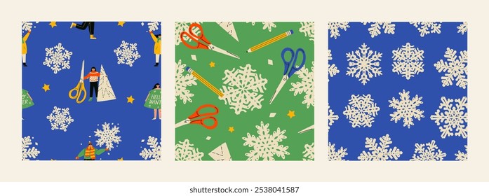 Winter seamless pattern set. Paper snowflakes and people. Paper snowflake cutting colorful pattern. Trendy flat vector illustration.