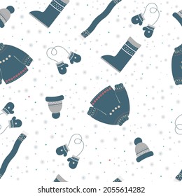Winter seamless pattern. A set of warm clothes, socks, felt boots, a sweater, mittens, a hat, a scarf. Vector illustration. For packaging paper, background, web, design, materials, fabric.