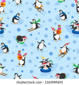 Winter seamless pattern of seven funny Christmas penguins with snowflakes. Penguins on skates, on skis, on sled, on tube, with a snowball, with box gifts.
Vector illustration in flat style. 