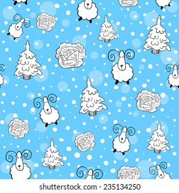 Winter seamless pattern with sheep, fir and cabbage. May be used as wrapping paper and background.