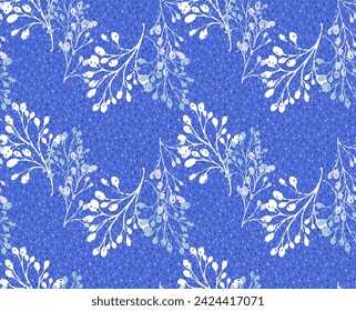 Winter seamless pattern with silhouette contour branches and tiny drops, spots, snowflakes. Vector hand drawn sketch. Abstract simple botanical stems with polka dots patterned on a blue background. 