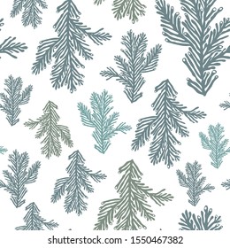 Winter seamless pattern with  silhouettes of branches from christmas trees located in different directions in doodle stile on white background. For christmas gift wrapping paper, package, textile.