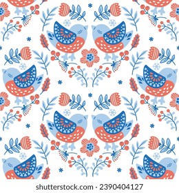 Winter seamless pattern. Silhouettes of decorative, ornate snowbird kissing among the branches and flowers on a white background