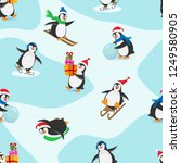 Winter seamless pattern of six funny Christmas penguins. Penguin on skates, on skis, on a sleigh, with a snowball, with box gifts.
Vector illustration in flat style.Can be used for fabric, packaging 