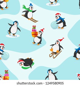 Winter seamless pattern of six funny Christmas penguins. Penguin on skates, on skis, on a sleigh, with a snowball, with box gifts.
Vector illustration in flat style.Can be used for fabric, packaging 