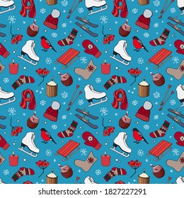 Winter seamless pattern. Skates, sleds, skis, hat, scarf, mittens, socks, felt boots, candle, cocoa, viburnum, bullfinch and snowflakes. Design for packaging, wrapping paper, fabric, textile.