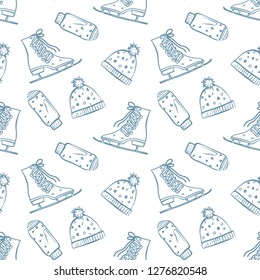 Winter Seamless Pattern. Sketch of Gloves, Hats and Skates. Hand Drawn Illustration.