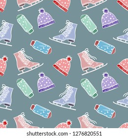 Winter Seamless Pattern. Sketch of Gloves, Hats and Skates. Hand Drawn Illustration.