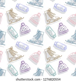 Winter Seamless Pattern. Sketch of Gloves, Hats and Skates. Hand Drawn Illustration.