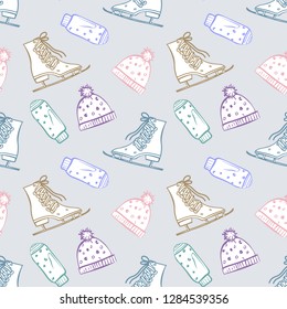 Winter Seamless Pattern. Sketch of Gloves, Hats and Skates. Hand Drawn Illustration.