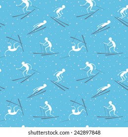 Winter seamless pattern with skiers.