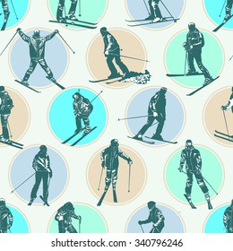 Winter seamless pattern with skiers