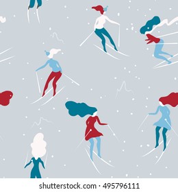 Winter seamless pattern with skiers. Cartoon yong girls with long hair skiing. Background great for wrapping paper and wallpapers.