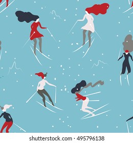 Winter seamless pattern with skiers. Cartoon yong girls with long hair skiing. Background great for wrapping paper and wallpapers.